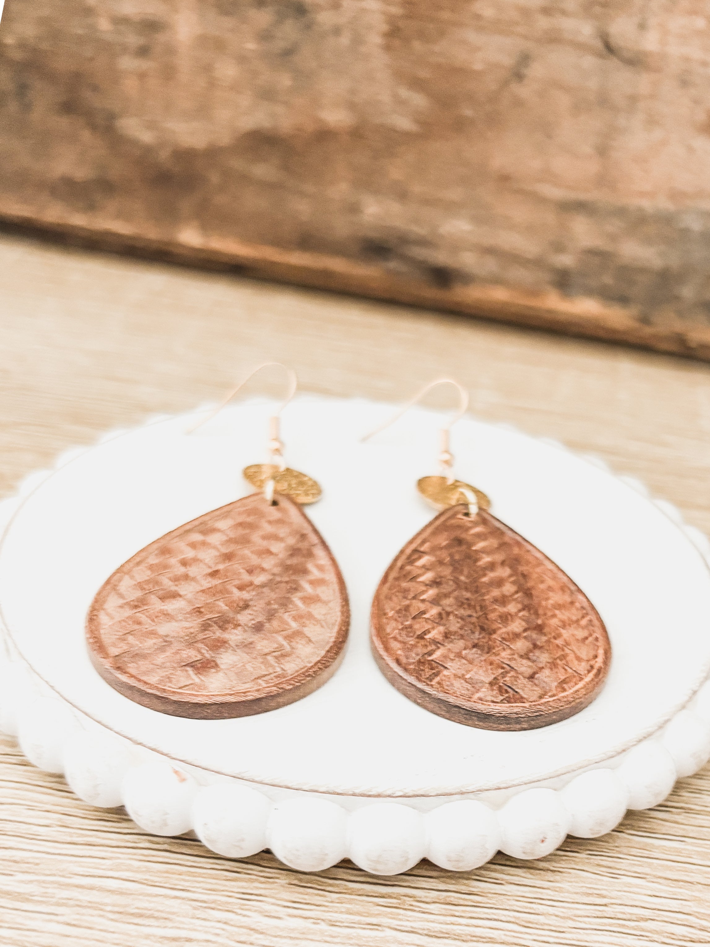 Beautiful Patterned Brown Wood and Gold Drop Earrings